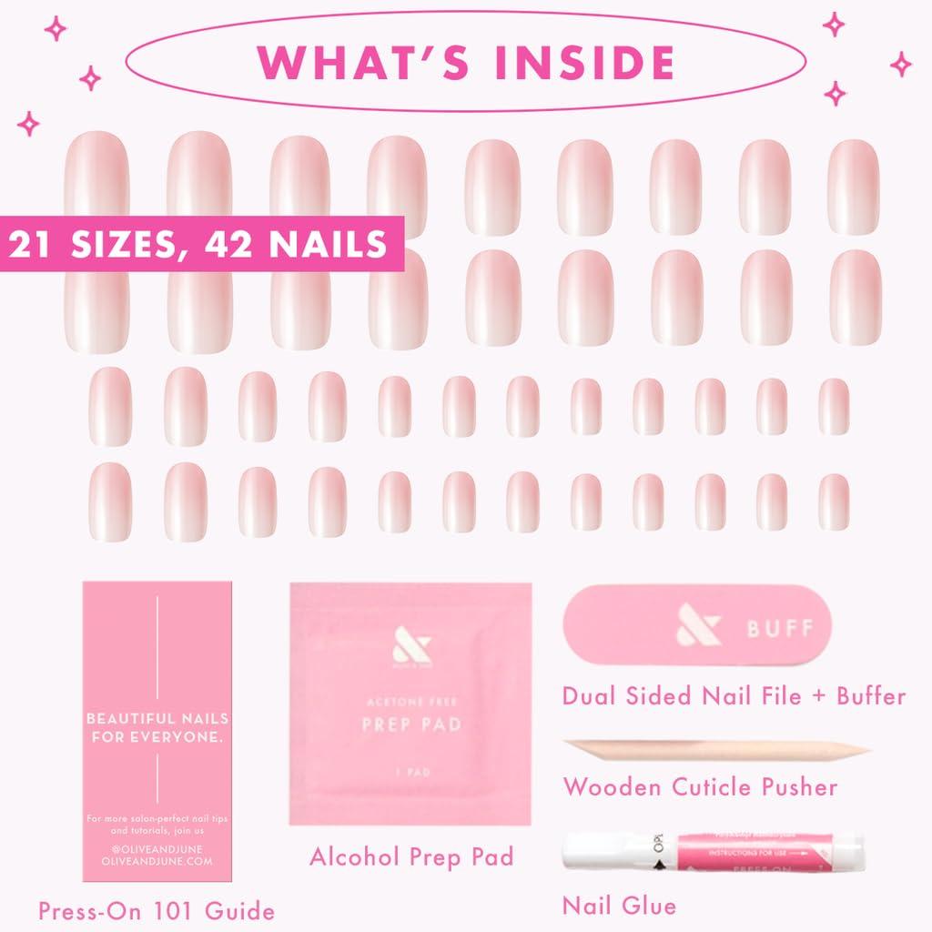imageOlive ampamp June Mani Minimalist Instant PressOn Nails Glue Medium Oval 42 Fake Nails 21 Sizes NonToxic LongLasting BarelyThere Look SalonQuality at Home Rose Gradient ShimmerRose Syrup Gradient