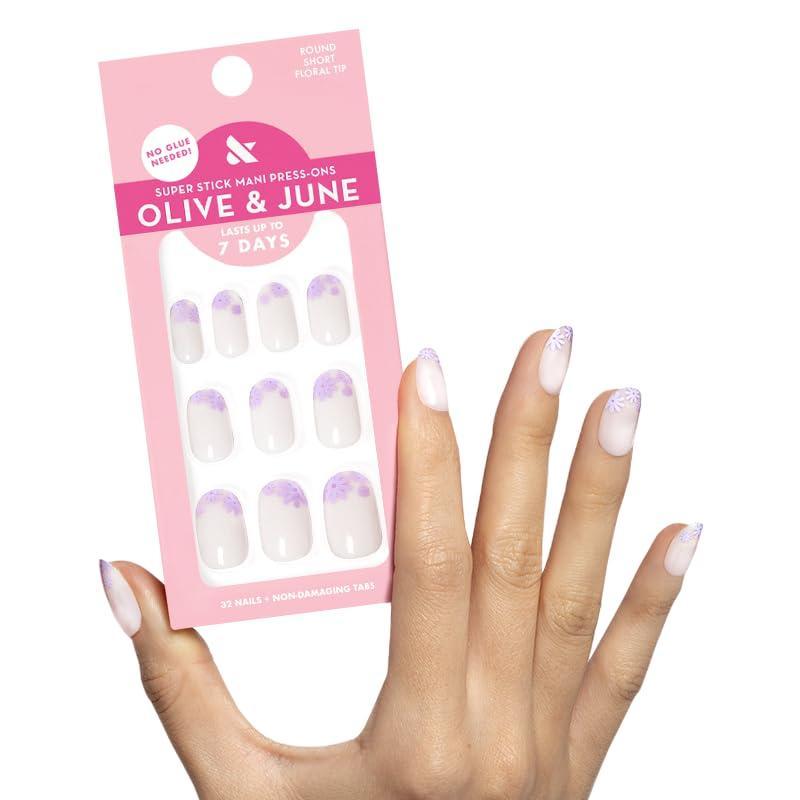 imageOlive ampamp June Classic Super Stick Mani Press On Nails  Short Round  No Glue Needed  32 Tab Nails in 16 Sizes  NonToxic Tabs Easy OnOff NonDamaging Realest Look  7Day Wear  Rink Pastel BlueFloral Tip