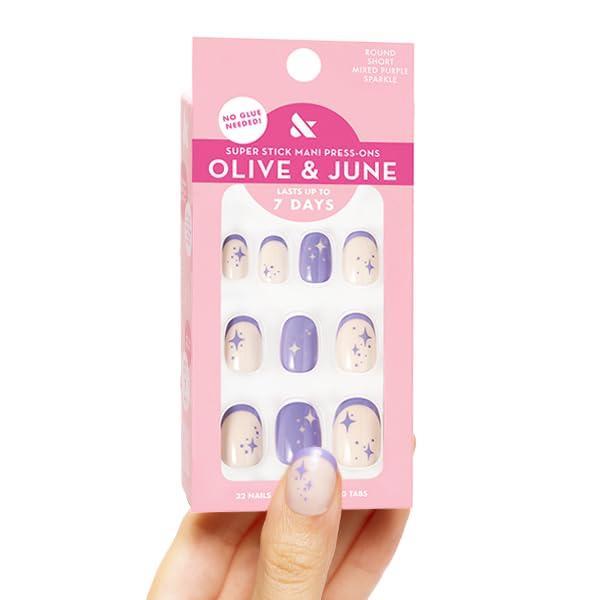 imageOlive ampamp June Classic Super Stick Mani Press On Nails Short Round No Glue Needed 32 Tab Nails in 16 Sizes NonToxic Tabs Easy OnOff NonDamaging Realest Look 7Day Wear Rink Pastel BlueMixed Purple Sparkle