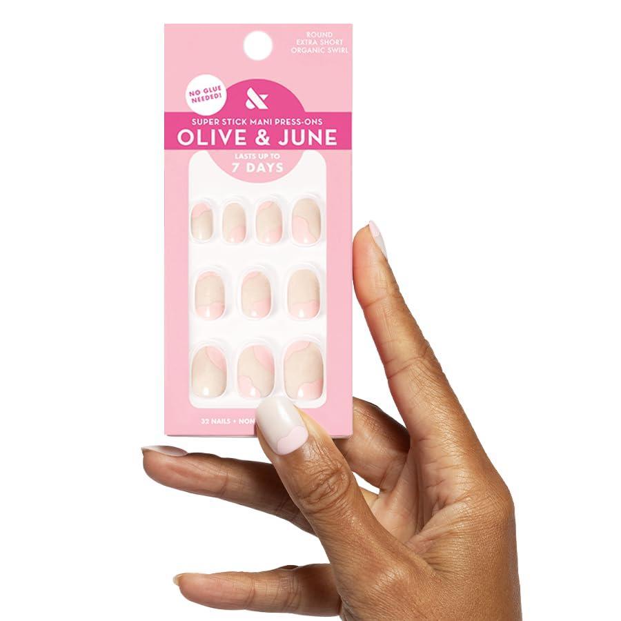 imageOlive ampamp June Classic Super Stick Mani Press On Nails Short Round No Glue Needed 32 Tab Nails in 16 Sizes NonToxic Tabs Easy OnOff NonDamaging Realest Look 7Day Wear Rink Pastel BlueOrganic Swirl