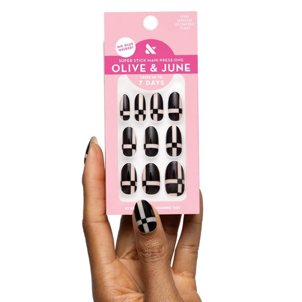 imageOlive ampamp June Classic Super Stick Mani Press On Nails Short Round No Glue Needed 32 Tab Nails in 16 Sizes NonToxic Tabs Easy OnOff NonDamaging Realest Look 7Day Wear Rink Pastel BlueGeometric Plaid