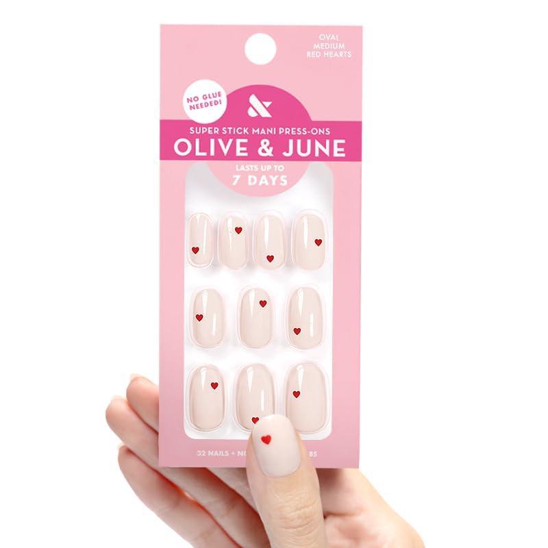 imageOlive ampamp June Classic Super Stick Mani Press On Nails Short Round No Glue Needed 32 Tab Nails in 16 Sizes NonToxic Tabs Easy OnOff NonDamaging Realest Look 7Day Wear Rink Pastel BlueRed Hearts
