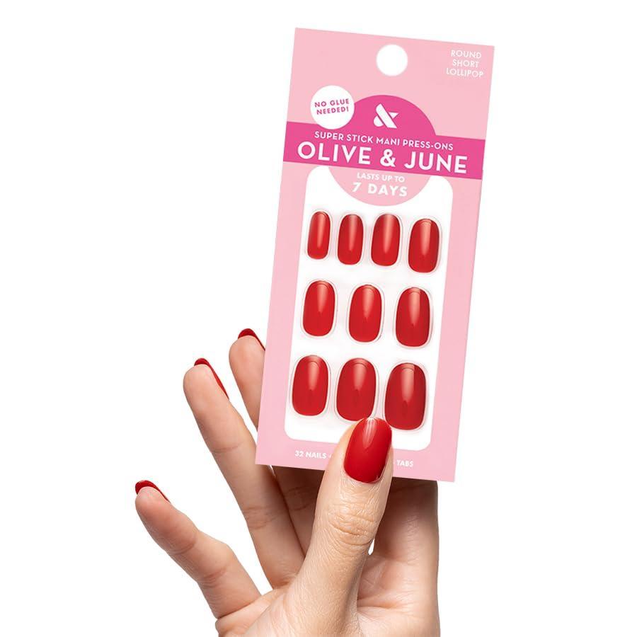 imageOlive ampamp June Classic Super Stick Mani Press On Nails Short Round No Glue Needed 32 Tab Nails in 16 Sizes NonToxic Tabs Easy OnOff NonDamaging Realest Look 7Day Wear Rink Pastel BlueLollipop
