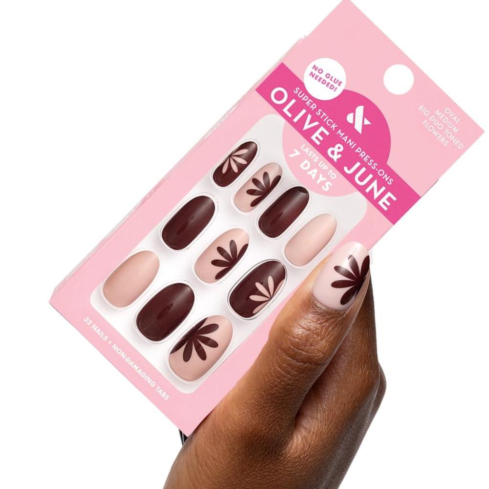 imageOlive ampamp June Classic Super Stick Mani Press On Nails Short Round No Glue Needed 32 Tab Nails in 16 Sizes NonToxic Tabs Easy OnOff NonDamaging Realest Look 7Day Wear Rink Pastel BlueBig Duo Toned Flowers