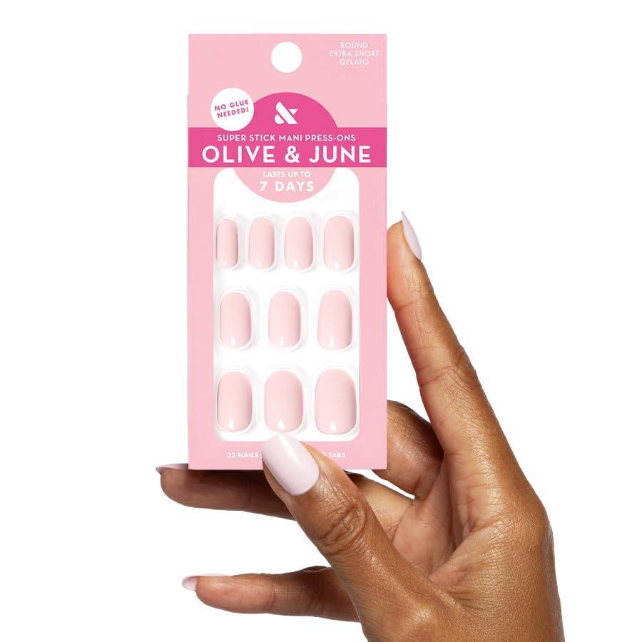 imageOlive ampamp June Classic Super Stick Mani Press On Nails Short Round No Glue Needed 32 Tab Nails in 16 Sizes NonToxic Tabs Easy OnOff NonDamaging Realest Look 7Day Wear Rink Pastel BlueGelato