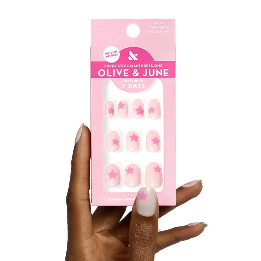 imageOlive ampamp June Classic Super Stick Mani Press On Nails Short Round No Glue Needed 32 Tab Nails in 16 Sizes NonToxic Tabs Easy OnOff NonDamaging Realest Look 7Day Wear Rink Pastel BluePink Star Party