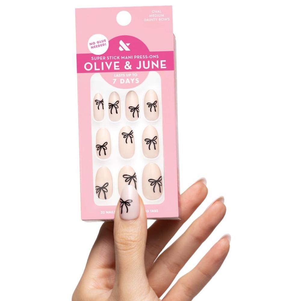 imageOlive ampamp June Classic Super Stick Mani Press On Nails  Short Round  No Glue Needed  32 Tab Nails in 16 Sizes  NonToxic Tabs Easy OnOff NonDamaging Realest Look  7Day Wear  Rink Pastel BlueDainty Bows