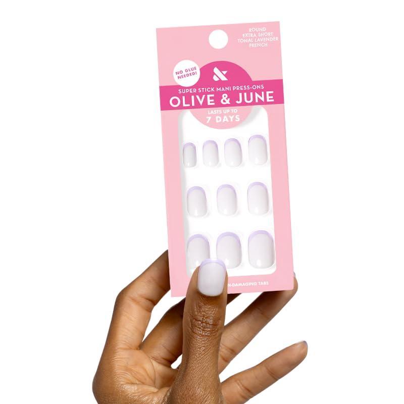 imageOlive ampamp June Classic Super Stick Mani Press On Nails  Short Round  No Glue Needed  32 Tab Nails in 16 Sizes  NonToxic Tabs Easy OnOff NonDamaging Realest Look  7Day Wear  Rink Pastel BlueTonal Lavender French