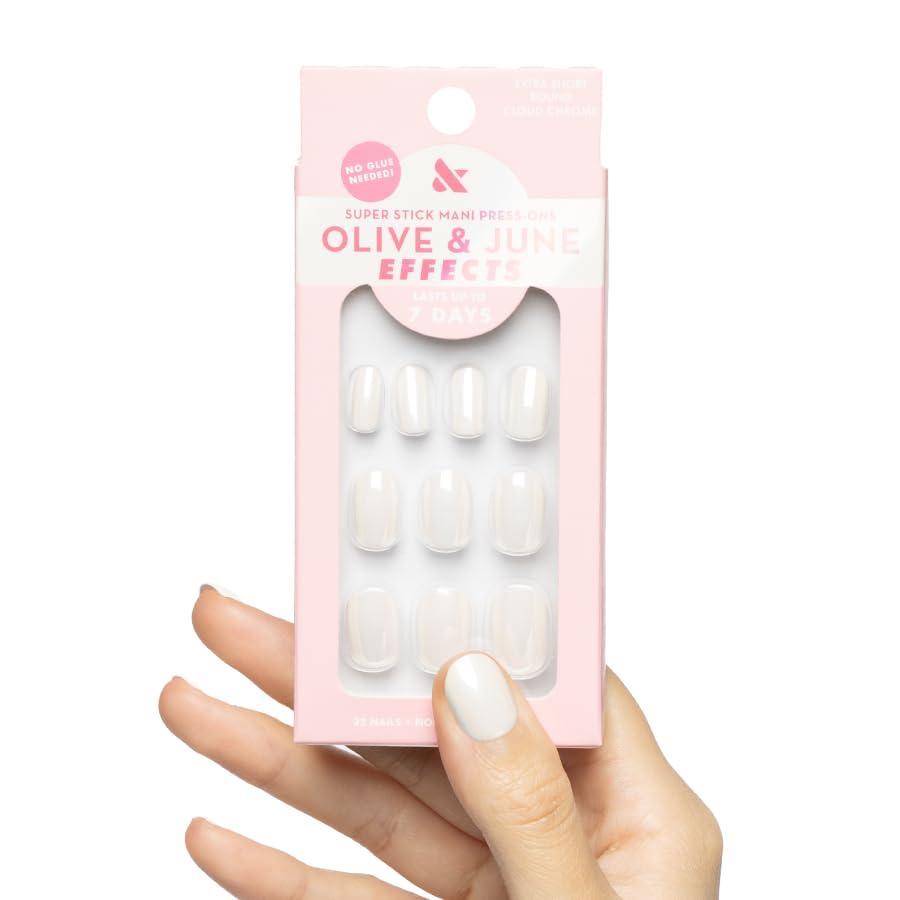 imageOlive ampamp June Effects Super Stick Mani Press On Nails Extra Short Squoval No Glue Needed 32 Tab Nails in 16 Sizes NonToxic Tabs Easy OnOff NonDamaging Real Look 7Day Wear Fairy VelvetCloud Chrome