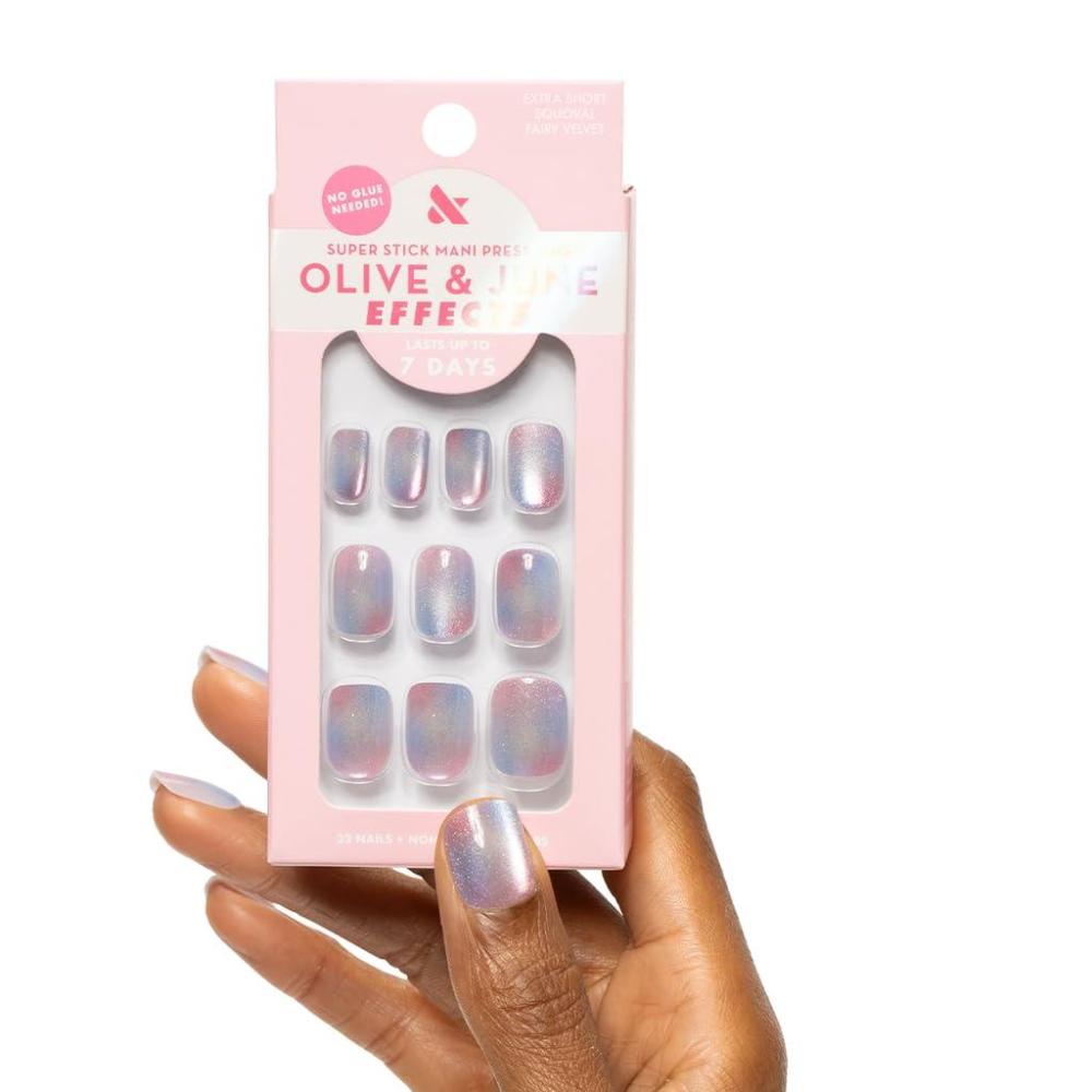 imageOlive ampamp June Effects Super Stick Mani Press On Nails Extra Short Squoval No Glue Needed 32 Tab Nails in 16 Sizes NonToxic Tabs Easy OnOff NonDamaging Real Look 7Day Wear Fairy VelvetFairy Velvet