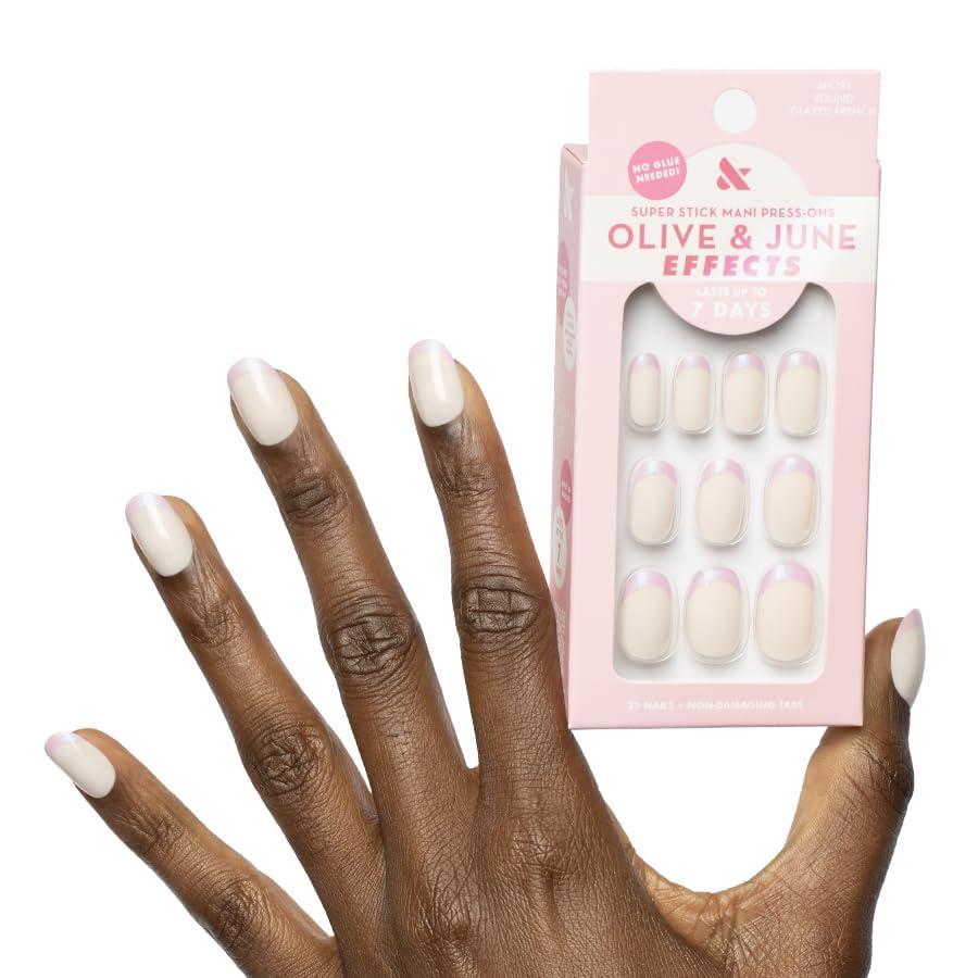 imageOlive ampamp June Effects Super Stick Mani Press On Nails Extra Short Squoval No Glue Needed 32 Tab Nails in 16 Sizes NonToxic Tabs Easy OnOff NonDamaging Real Look 7Day Wear Fairy VelvetGlazed French