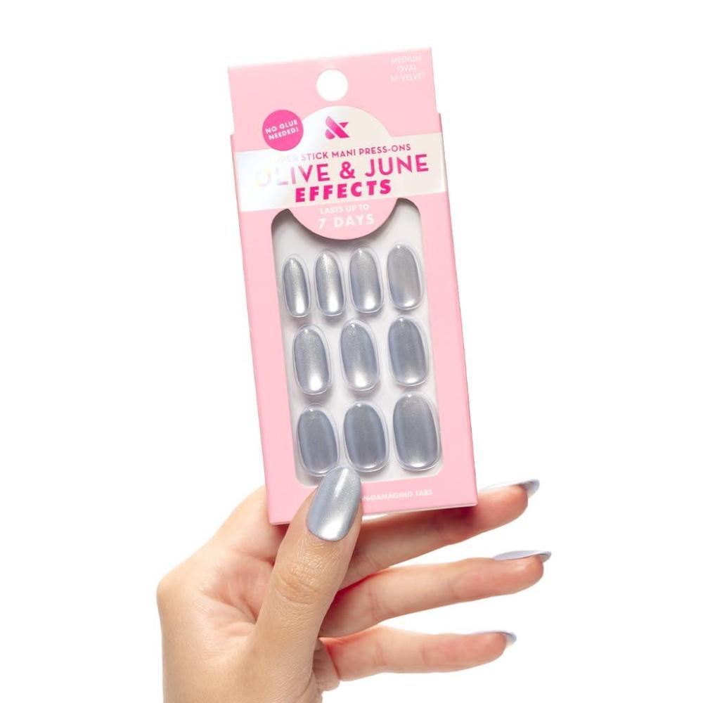 imageOlive ampamp June Effects Super Stick Mani Press On Nails Extra Short Squoval No Glue Needed 32 Tab Nails in 16 Sizes NonToxic Tabs Easy OnOff NonDamaging Real Look 7Day Wear Fairy VelvetBP Velvet