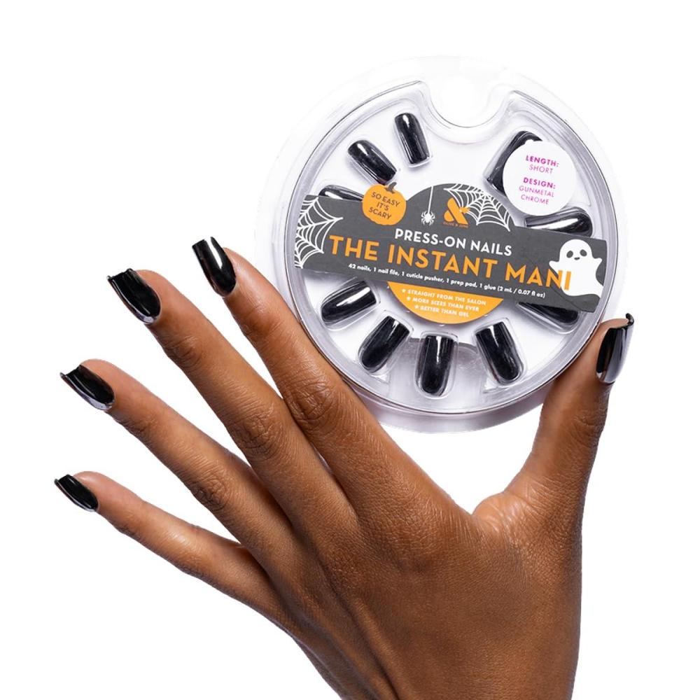 imageOlive ampamp June Instant Mani PressOn Nails  Glue  Short Square  42 Pieces 21 Sizes  NonToxic LongLasting Recycled Materials Realistic Look  SalonQuality at Home  Halloween Gunmetal Chrome