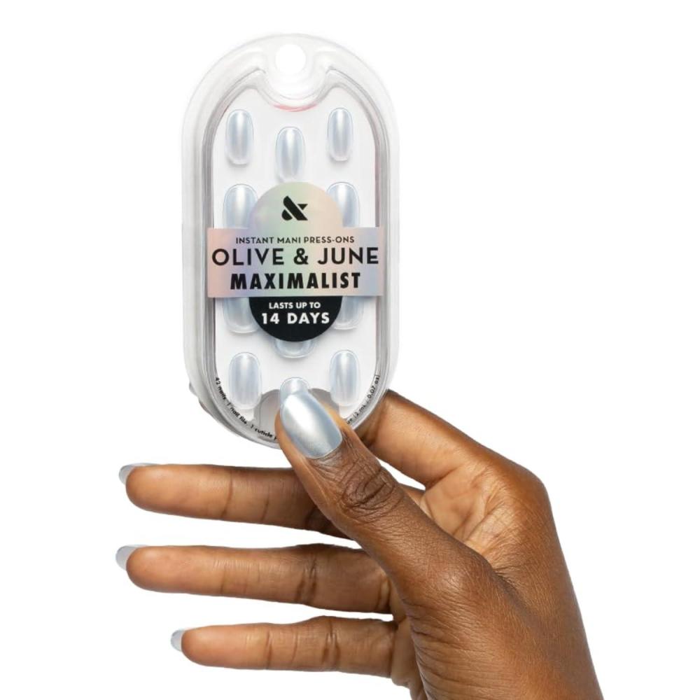imageOlive ampamp June Mani Maximalist Instant PressOn Nails Glue Medium Stiletto 42 Fake Nails 21 Sizes NonToxic LongLasting Big Bold Gorgeous Realistic Look SalonQuality at Home Sharp FrenchSky Chrome