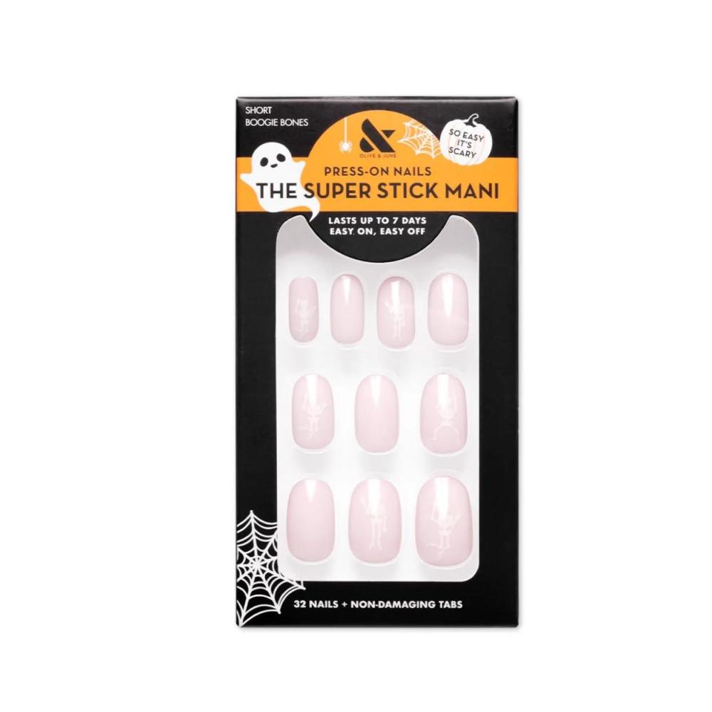 imageOlive ampamp June Super Stick Mani PressOn Nails  Short Round No Glue Needed  32 Tab Nails 16 Sizes Last Up To 7 Days NonToxic Easy OnOff NonDamaging  Halloween Boogie BonesBoogie Bones