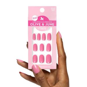 Olive & June Classic Super Stick Mani Press On Nails | Short, Round | No Glue Needed | 32 Tab Nails in 16 Sizes | Non-Toxic Tabs | Easy On-Off, Non-Damaging |7-Day Wear | Taffy | Bright Pink