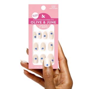 Olive & June Classic Super Stick Mani Press On Nails | Short, Round | No Glue Needed | 32 Tab Nails in 16 Sizes | Non-Toxic Tabs Easy On-Off Non-Damaging Realest Look | 7-Day Wear | Rink Pastel Blue(Mod Flowers)