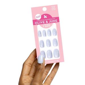 Olive & June Classic Super Stick Mani Press On Nails | Short, Round | No Glue Needed | 32 Tab Nails in 16 Sizes | Non-Toxic Tabs Easy On-Off Non-Damaging Realest Look | 7-Day Wear | Rink Pastel Blue(Sparkle Accent)