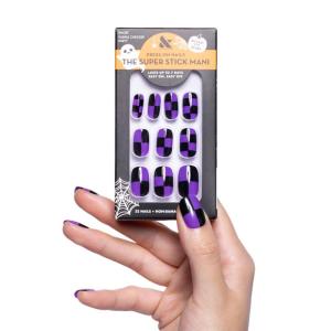 Olive & June Super Stick Mani Press-On Nails | Short Round |No Glue Needed | 32 Tab Nails, 16 Sizes, Last Up To 7 Days| Non-Toxic, Easy On-Off Non-Damaging | Halloween Boogie Bones(Purple Checker Party)